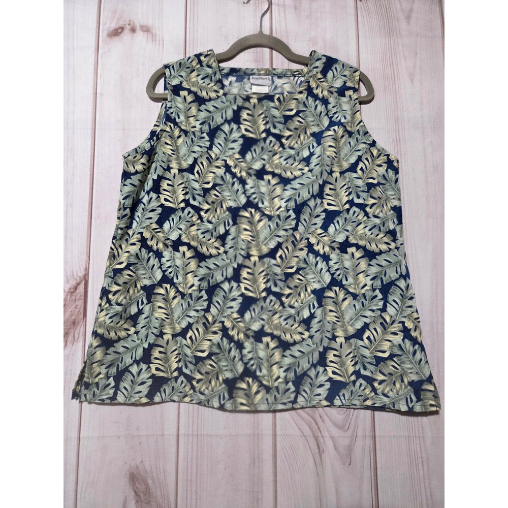 BonWorth Womens Tropical Monstera Leaf Print Sleeveless Tank Top Navy Green M